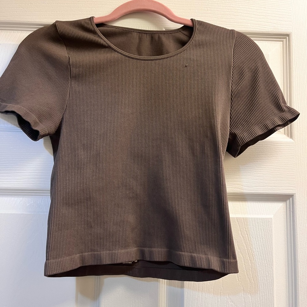 Brown Fitted Crop T-shirt with Crew Neck and Short Sleeves